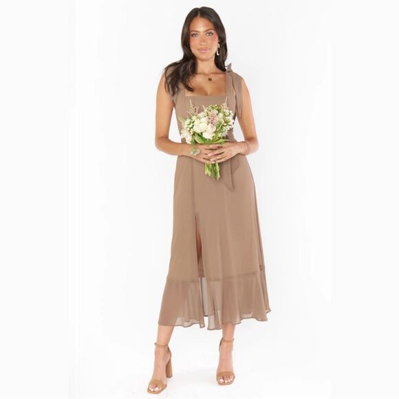 NWT Show Me Your Mumu ‘Claire’ Ruffle Slit Midi Elegant Taupe Sleeveless Dress - Picture 7 of 7